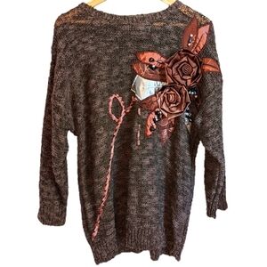 𝅺VINTAGE Brown Floral Embroidery Loose Knit Crewneck Sweater Size Extra-Large